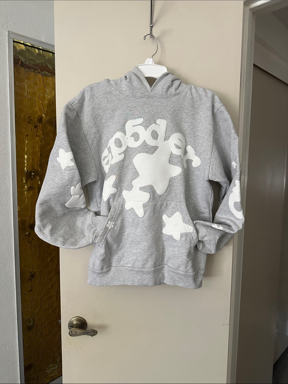 Sp5der Worldwide Gray Hoodie with White Star Graphics